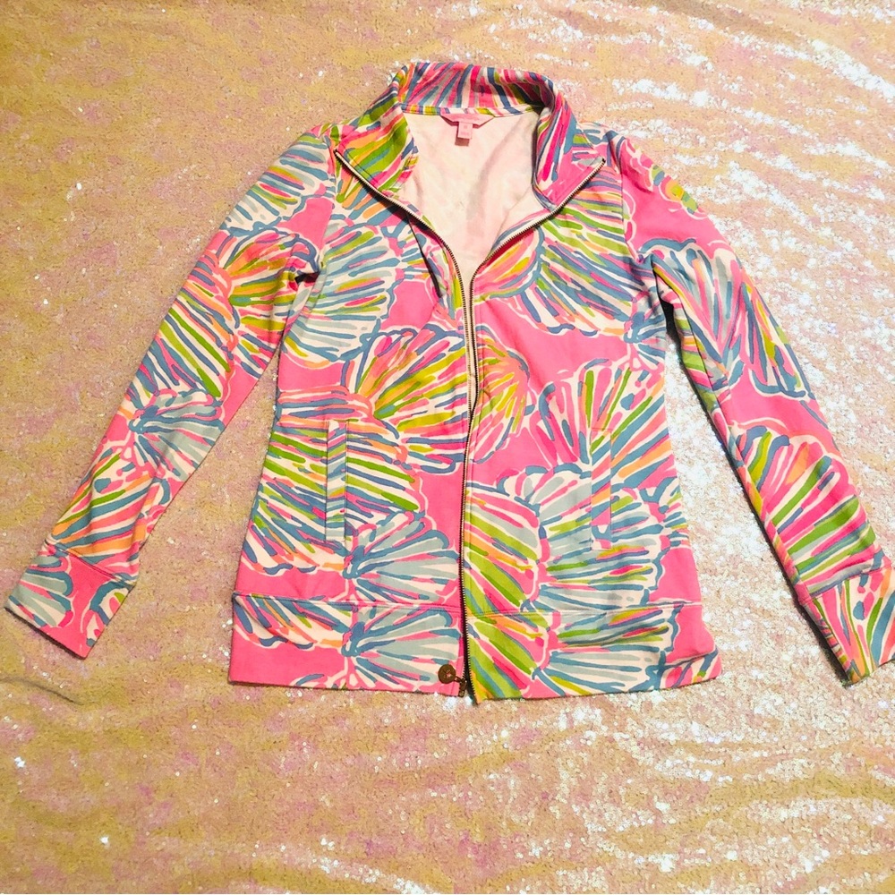 Lily Pulitzer zip up jacket pink blue colorful design summer coat XS